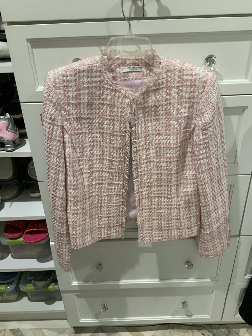 Pink Tweed Collarless Jacket - Women's